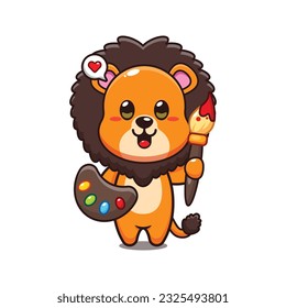 cute lion painter cartoon vector illustration.
