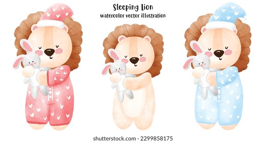 Cute Lion, Pajama, Baby lion, watercolor, vector illustration