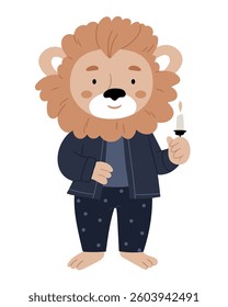 Cute lion in pajamas holding a candle. Fairytale vintage character in pastel colors. Cute illustration, print, poster, children's room.