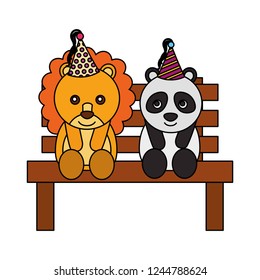 cute lion and panda on bench happy birthday