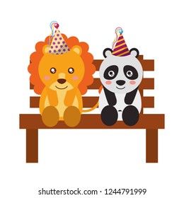 cute lion and panda on bench happy birthday