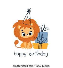 Cute lion in a party cap with gift. Vector print for children room, fabric, paper, greeting card, postcard, card, t shirt, poster, textile. Vector illustration. Happy birthday card. 