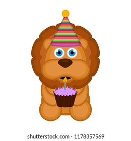 Cute lion with a party hat and a cake