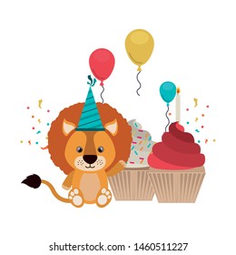 cute lion with party hat on white background