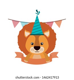 cute lion with party hat on white background