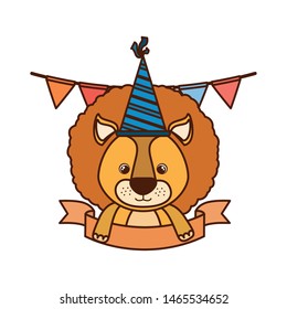cute lion with party hat on white background
