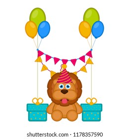 Cute lion with a party hat and presents
