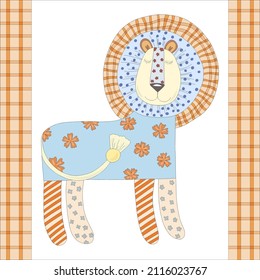 Cute Lion In Patchwork Technique From Different Types Of Fabrics. Cute Wild Lion Vector Illustration. Patchwork Toy For Sleep.