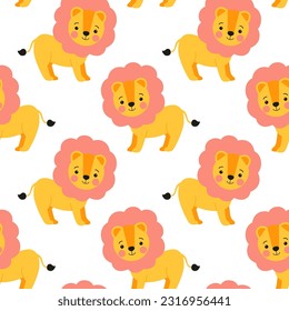 Cute lion pattern. Childish seamless print with baby animals for kids textile, wrapping paper, wallpaper, apparel. Vector illustration