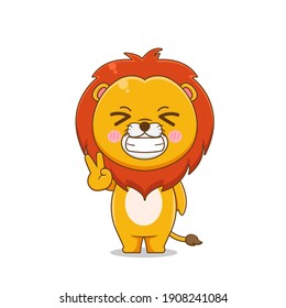 Cute Lion with peace finger pose. Vector illustration of chibi character isolated on white background.