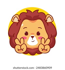 Cute Lion Peace Hand Sign Cartoon Character. Adorable and Kawaii Animal Icon Mascot Concept Design. Logo Vector Illustration. Isolated White Background.