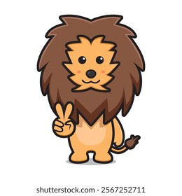 Cute lion with peace sign character cartoon icon illustration. Design isolated flat cartoon style