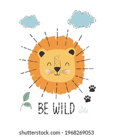 Cute lion and plants print design. Vector illustration design for fashion fabrics, textile graphics, prints.