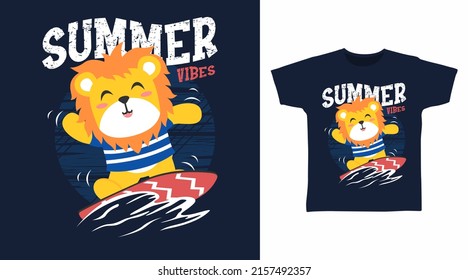 Cute Lion Play Surf Cartoon Tshirt Art Design