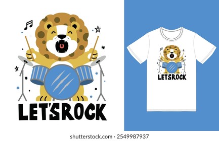 Cute lion playing drums illustration with tshirt design vector the Concept of Isolated Technology. Flat Cartoon Style Suitable for Landing Web Pages,T shirt, Flyers, Stickers