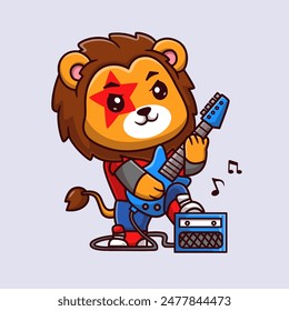 Cute Lion Playing Electric Guitar Cartoon Vector Icon Illustration. Animal Music Icon Concept Isolated Premium Vector. FlatCartoon Style