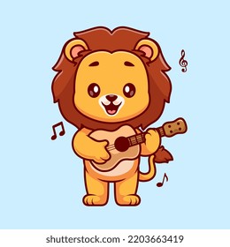 Cute Lion Playing Guitar Cartoon Vector Icon Illustration. Animal Music Icon Concept Isolated Premium Vector. Flat Cartoon Style