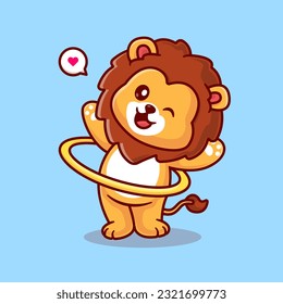 Cute Lion Playing Hula Hoop Cartoon Vector Icon Illustration. Animal Sport Icon Concept Isolated Premium Vector. Flat Cartoon Style