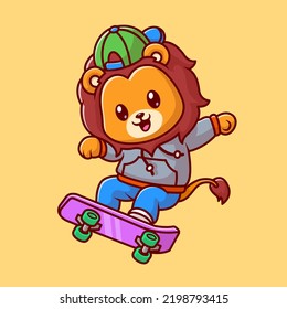 Cute Lion Playing Skateboard Cartoon Vector Icon Illustration. Animal Sport Icon Concept Isolated Premium Vector. Flat Cartoon Style