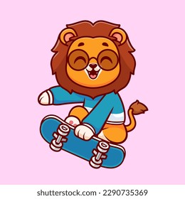 Cute Lion Playing Skateboard Cartoon Vector Icon Illustration. Animal Sport Icon Concept Isolated Premium Vector. Flat Cartoon Style