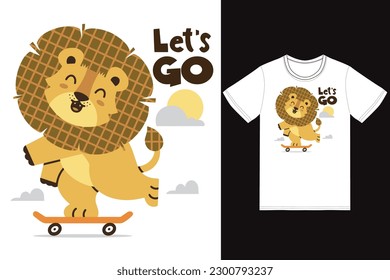 Cute lion playing skateboard illustration with tshirt design premium vector the Concept of Isolated Technology. Flat Cartoon Style Suitable for Landing Web Pages,T shirt, Flyers, Stickers