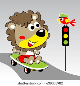 Cute lion playing skateboard, with little bird on stoplight, vector cartoon illustration