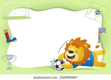 León lindo jugando al fútbol con signo en blanco. Ilustración vectorial de elementos de fútbol