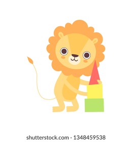 Cute Lion Playing with Toy Pyramid, Funny African Animal Cartoon Character Vector Illustration