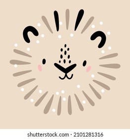 Cute lion portrait. Safari animal print in childish doodle style