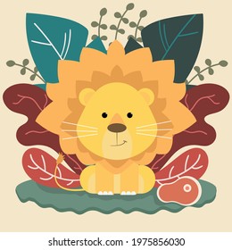Cute lion poster and merchandising with leaves background