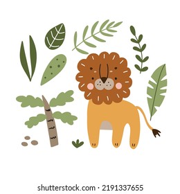 Cute lion, for printing on baby clothes, postcards, baby shower. Vector illustration isolated on white background, hand drawn. Scandinavian style.