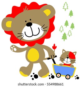 Cute lion pulling a cat on cart, vector cartoon illustration