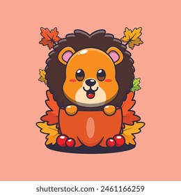 Cute lion in a pumpkin at autumn season. Mascot cartoon vector illustration suitable for poster, brochure, web, mascot, sticker, logo and icon.