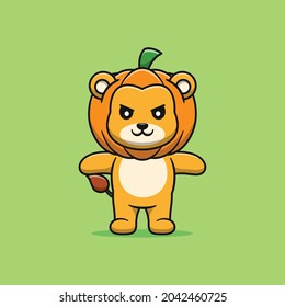cute lion with pumpkin cartoon illustration