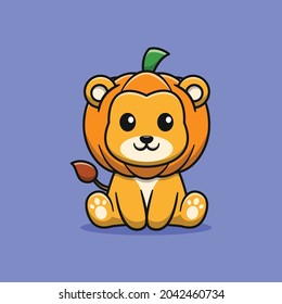 cute lion with pumpkin cartoon illustration