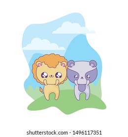 cute lion with raccoon baby animals kawaii