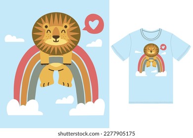 cute lion in rainbow illustration with tshirt design premium vector the Concept of Isolated Technology. Flat Cartoon Style Suitable for Landing Web Pages,T shirt, Flyers, Stickers