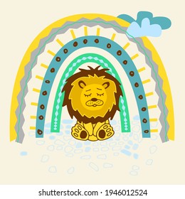 León y arcoiris. Ilustración vectorial. Utilice este clipart para crear invitaciones para la ducha de bebé, arte infantil, decoración de cumpleaños, tarjetas de felicitación, ropa para niños. 
