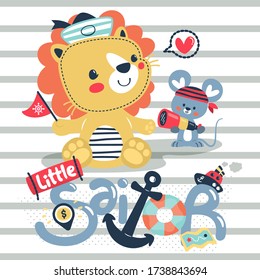 Cute lion and rat in sailor costume sitting on striped background illustration vector, Print for children wear.