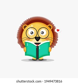 Cute lion is reading a book