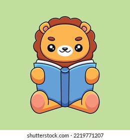 cute lion reading book cartoon mascot doodle art hand drawn concept vector kawaii icon illustration