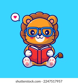 Cute Lion Reading Book With Glasses Cartoon Vector Icon Illustration. Animal Education Icon Concept Isolated Premium Vector. Flat Cartoon Style