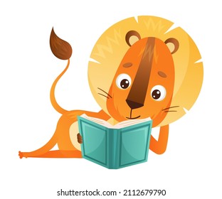 Cute lion reading book. Smart baby animal sitting and studying with book cartoon vector illustration