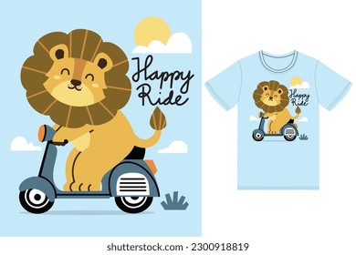 Cute lion reading scooter illustration with tshirt design premium vector the Concept of Isolated Technology. Flat Cartoon Style Suitable for Landing Web Pages,T shirt, Flyers, Stickers