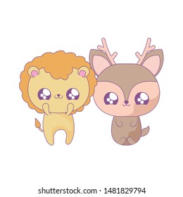 cute lion with reindeer baby animals kawaii style