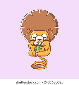 Cute lion relax with a cup of coffee cartoon animal character mascot icon flat style illustration concept set