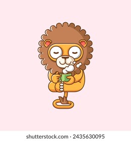 Cute lion relax with a cup of coffee cartoon animal character mascot icon flat style illustration concept set