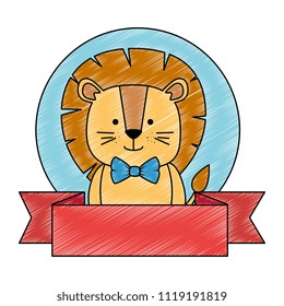 cute lion with ribbon character icon