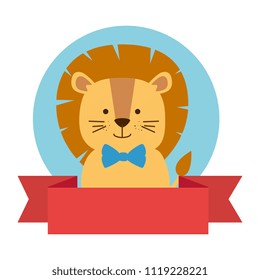 cute lion with ribbon character icon