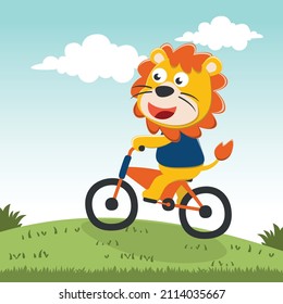 Cute lion riding a bicycle. Trendy children graphic. Vector illustration. T-Shirt Design for children. Design elements for kids.